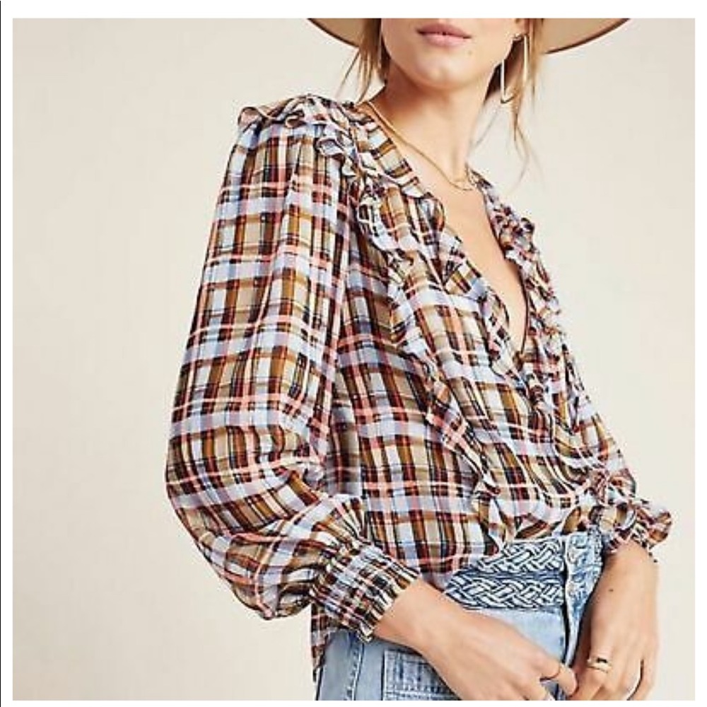Anthropologie Plus Maeve Laila Plaid ruffle blouse